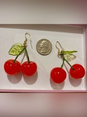 Cherry Drop Dangle Earrings with Green Leaf Accents